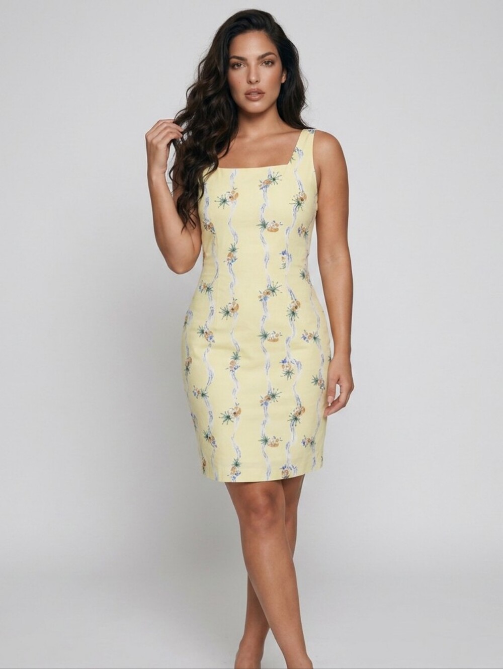 Vtg MHM Melissa Harper Sheath Summer Dress Women 14 Petite Yellow Floral Beaded